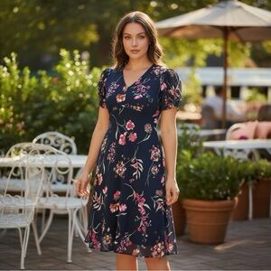 Calvin Klein Navy Floral Chiffon Fit & Flare Dress 2P